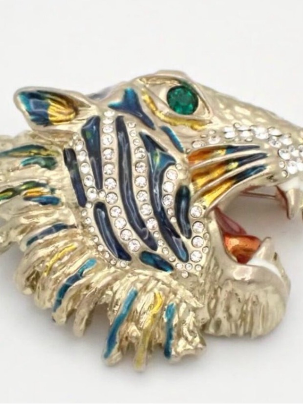Extremely Rare Vintage Euc Gucci Gold-Tone Multicolor Tiger Brooch W Green Eye